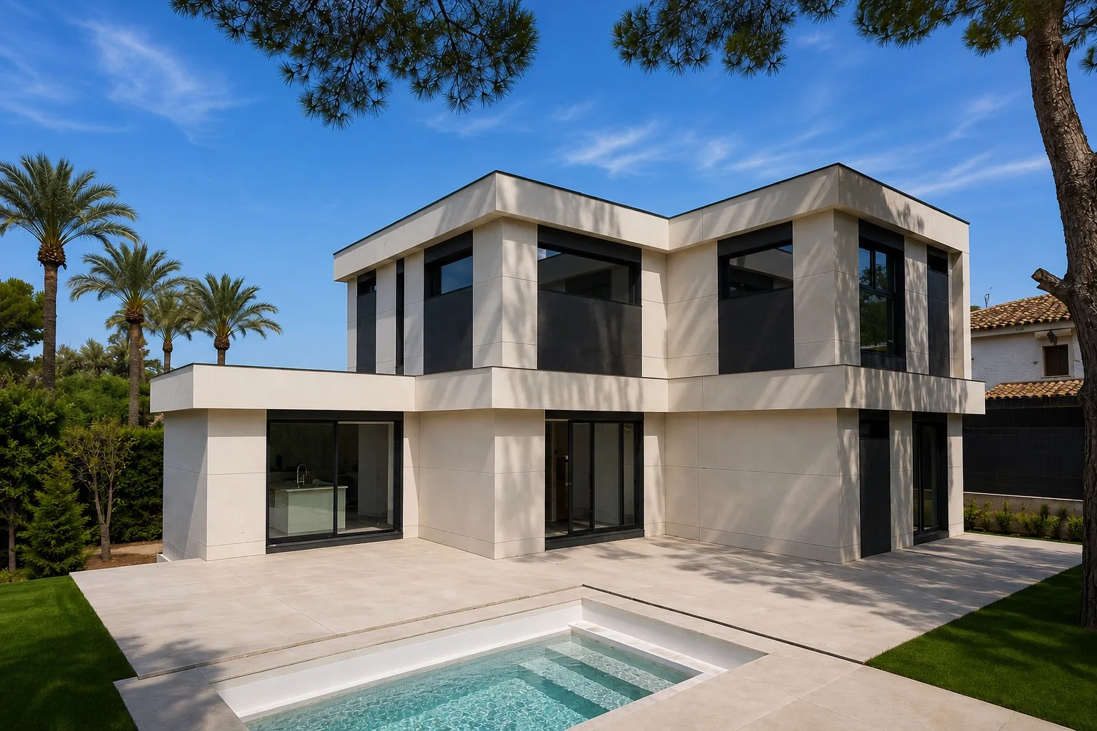 Homi La Eliana: villa en porcelánico arena y grafito con piscina entre palmeras